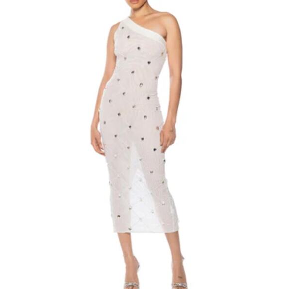 Akira White Chrissy Sheer Mesh Beaded Midi Party Dress Medium - Picture 1 of 15